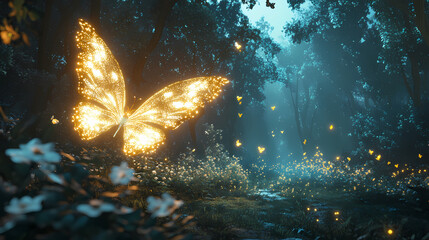 Enchanted forest with glowing butterfly. Enchanted. Illustration