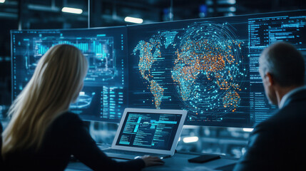 High tech workspace with team analyzing data on multiple screens, showcasing global information and collaboration in modern environment