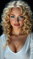 Portrait of a stunning beautiful young woman with blond curly hair, blue eyes, in a white top.