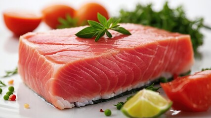 A single, fresh tuna fillet shines against the stark white background.