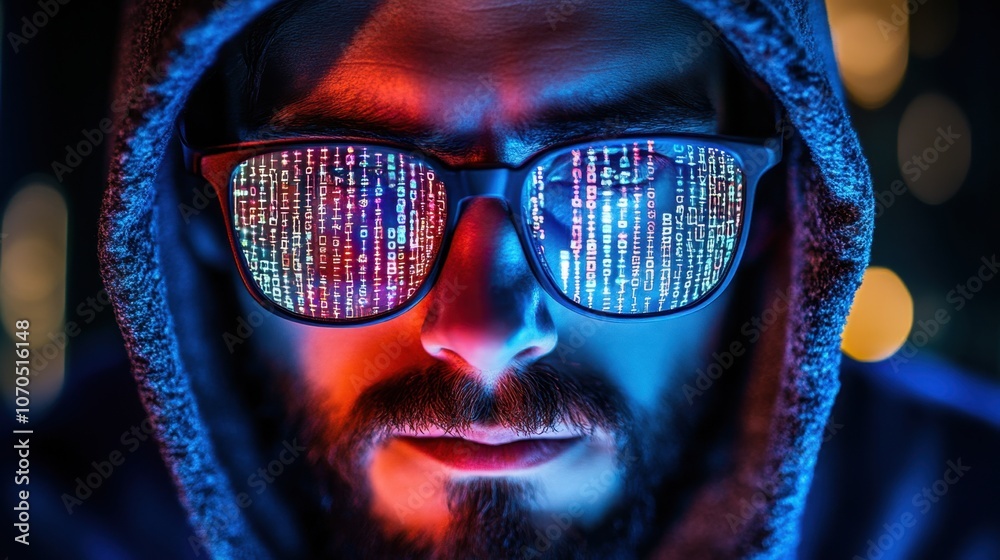 Poster mysterious hacker in glasses with code reflection