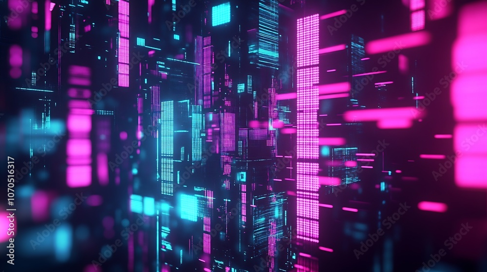 Aufkleber Neon Lit Digital Metropolis with Futuristic Tech and Virtual Reality Elements : Generative AI