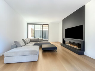 Fototapeta premium Modern living room with fireplace and minimalist design in a bright, spacious setting