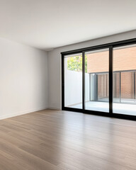 Obraz premium Bright modern living space with large windows and wooden flooring in a contemporary home