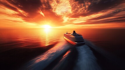Elegant Cruise Ship at Golden Hour Creating Wake on Ocean Surface by Vibrant Horizon : Generative AI
