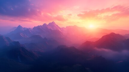 Panoramic view of vibrant sunrise illuminating mountainous terrain, evoking deep emotional connections.