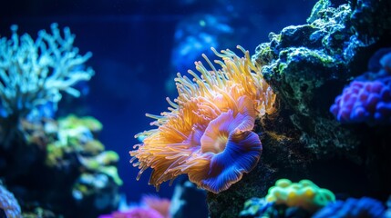 Naklejka premium Underwater Serenity, captivating deep blue textures, intricate coral formations, vibrant marine life, a mesmerizing glimpse into a thriving ocean ecosystem