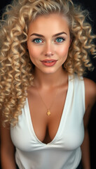 Fototapeta premium Portrait of a stunning beautiful young woman with blond curly hair, blue eyes, in a white top.