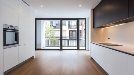 Fototapeta premium Modern minimalist kitchen with large windows and wooden flooring in urban apartment setting