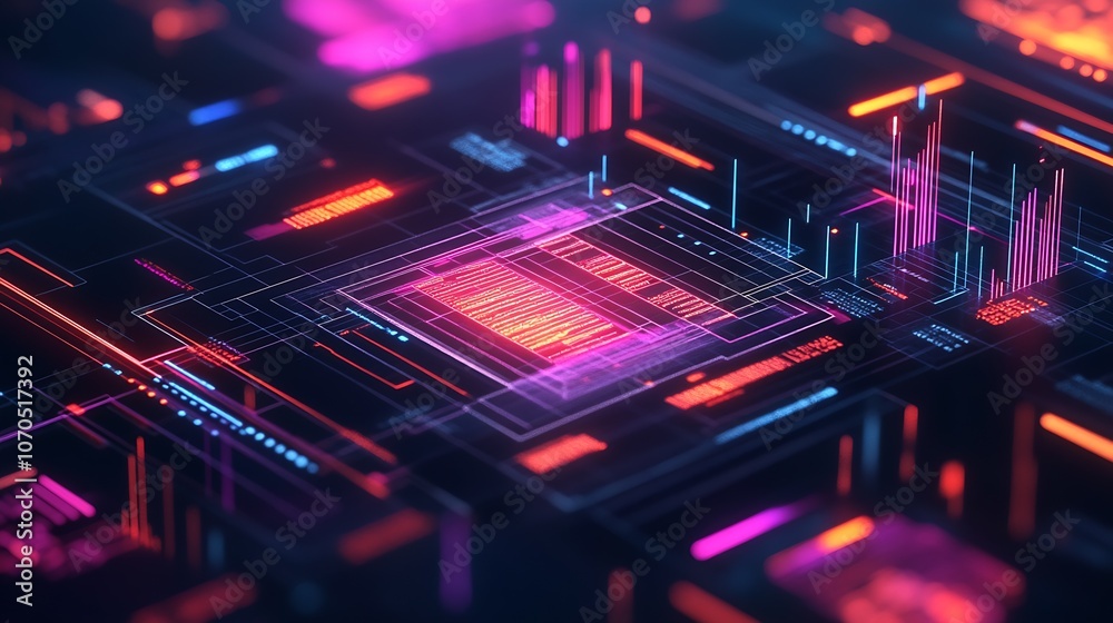 Poster futuristic digital circuitry with glowing neon blue and red lines : generative ai