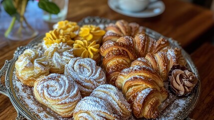 Fototapeta premium A silver platter with a variety of pastries including croissants, filled pastries, and chocolate.