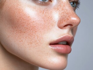 Fototapeta premium Close-up Portrait of a Woman's Face with Freckles and a Natural Glow, Highlighting Healthy Skin Texture and Beauty