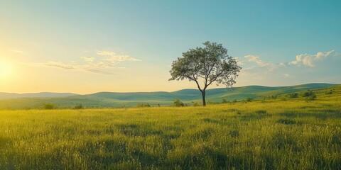 Obraz premium A lush green meadow with a single tree, bathed in warm yellow sunlight against a bright blue sky. This scenic image is perfect for a background or web banner.