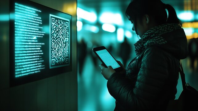 Technology Enthusiast Woman with QR Code on Illuminated Digital Screen : Generative AI