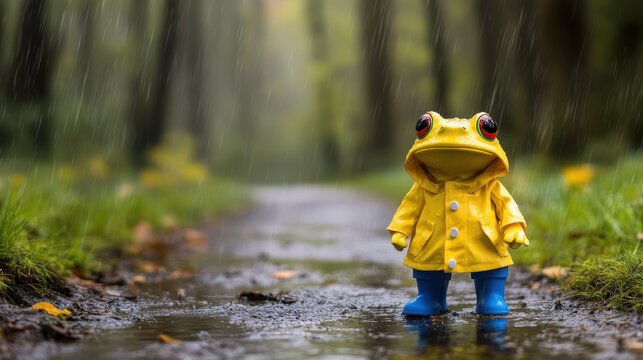 Frog Toy in Yellow Raincoat on a Wet Path