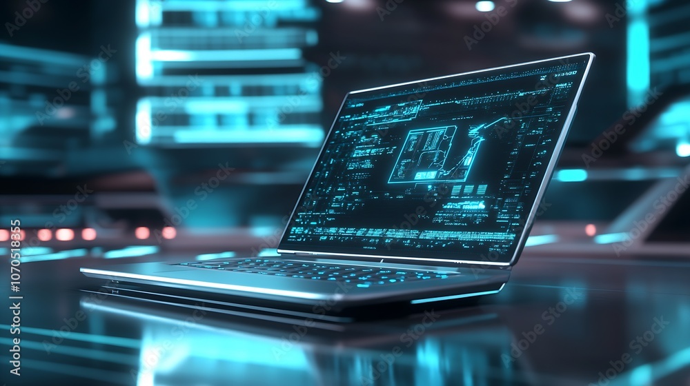 Leinwandbilder High Tech Laptop Displaying Advanced AI Interface in Cyber Environment : Generative AI