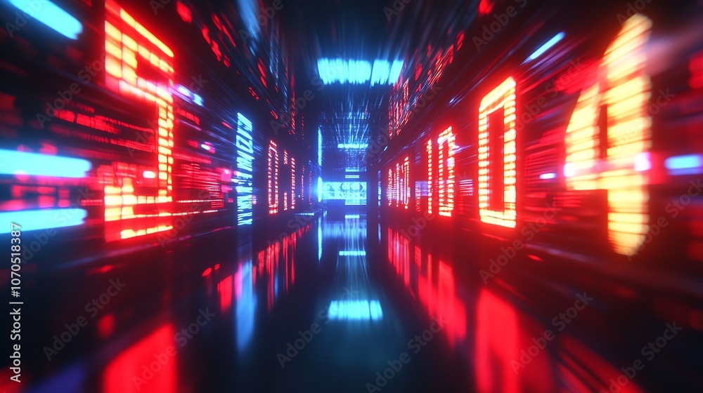 Poster Abstract digital path with red and blue glowing number sequences : Generative AI