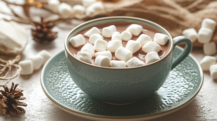 A steaming cup of hot chocolate topped with fluffy marshmallows, perfect for a cozy winter day.