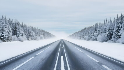 Obraz premium Winter Road Scene: Long Straight Highway Surrounded by Snowy Forest