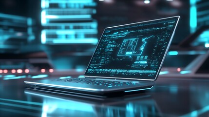 High Tech Laptop Displaying Advanced AI Interface in Cyber Environment : Generative AI