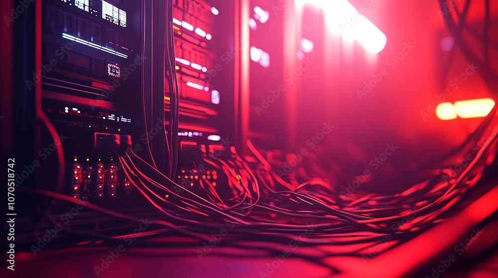 Aufkleber Advanced Server Network with Illuminated Red Wires in State-of-the-Art Facility : Generative AI