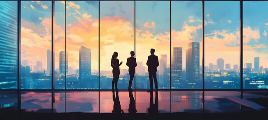 A business team standing in front of a large window with a cityscape view, discussing a project