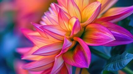 Fototapeta premium Close-up of a vibrant pink and yellow dahlia flower with delicate petals.