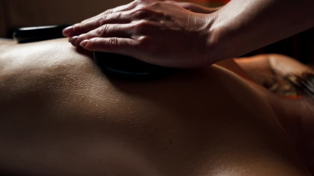 close up in massage parlor on a massage table a girl with a naked back massage with black stones laying out on special zones relaxation