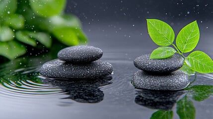 Zen Stones with Green Leaves and Water Drops Spa Wellness and Nature Concept