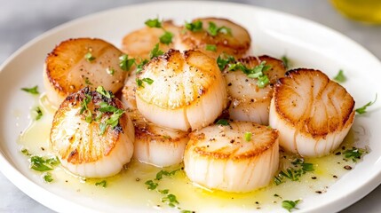 Close-up of seared scallops on a white plate with parsley and olive oil.