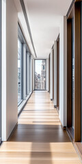 Obraz premium Modern hallway with sleek design and city view in a high-rise building during daytime