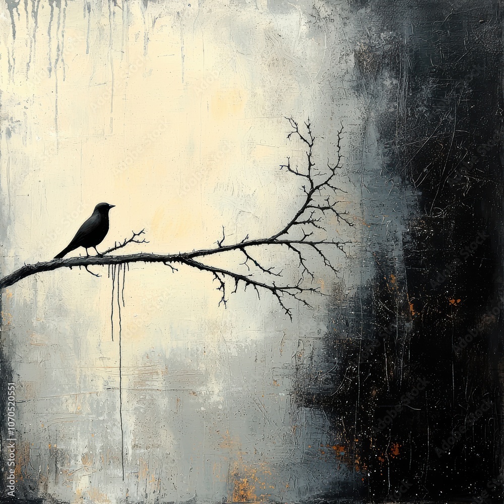 Poster a lone bird sits silently on a bare branch against a gray sky evoking a sense of solitude and reflec