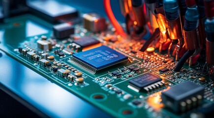 Obraz premium close up of man is fixing a computer board