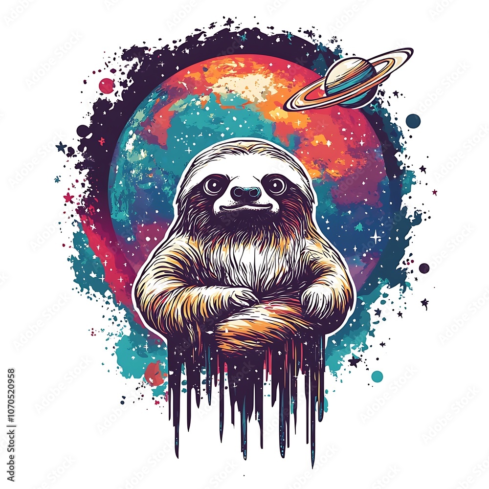 Poster a cute sloth with crossed arms sits in front of a colorful planet.