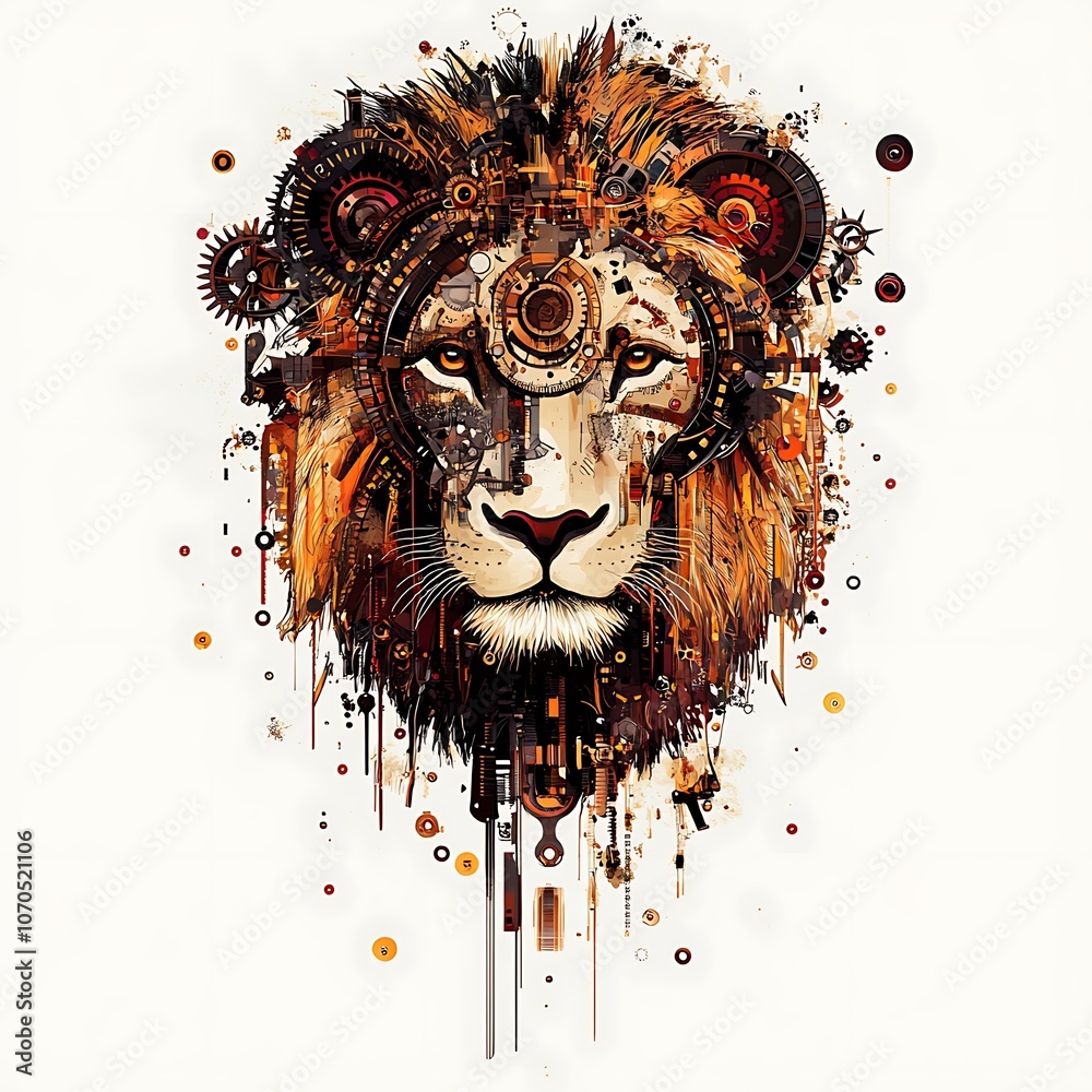 Poster a lion's head with a steampunk design, incorporating gears and cogs.