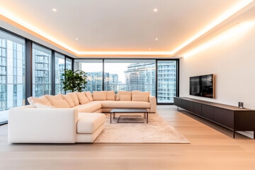 Contemporary living room with large windows and minimalist furniture in a modern apartment