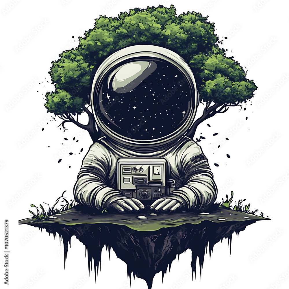 Poster astronaut with tree growing from helmet.