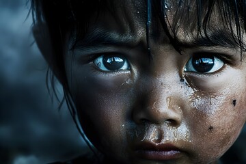 Close-up portrait of a young girl with wet skin and serious expression.