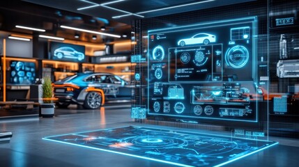Fototapeta premium High-Tech Car Showroom with Digital Interface