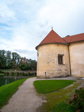 Castle Otocec, Novo Mesto,  Slovenia.  Medieval castle, now a luxury hotel, on a small island on the river Krka.  View of defensive walls.