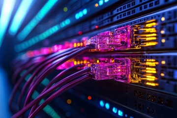 Colorful network cables connected to servers in a data center at night