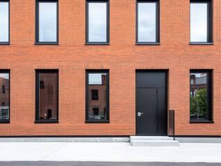 Naklejka premium Modern brick building facade with large windows in an urban setting during the day