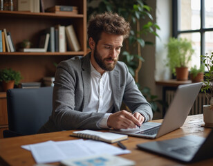 Young businessman working on laptop in office.