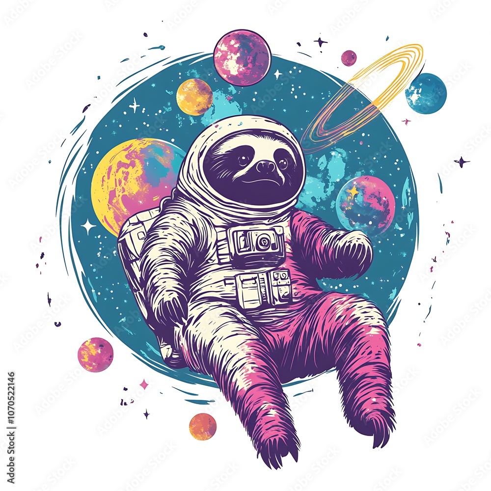 Poster a sloth wearing an astronaut suit floats in space with planets.