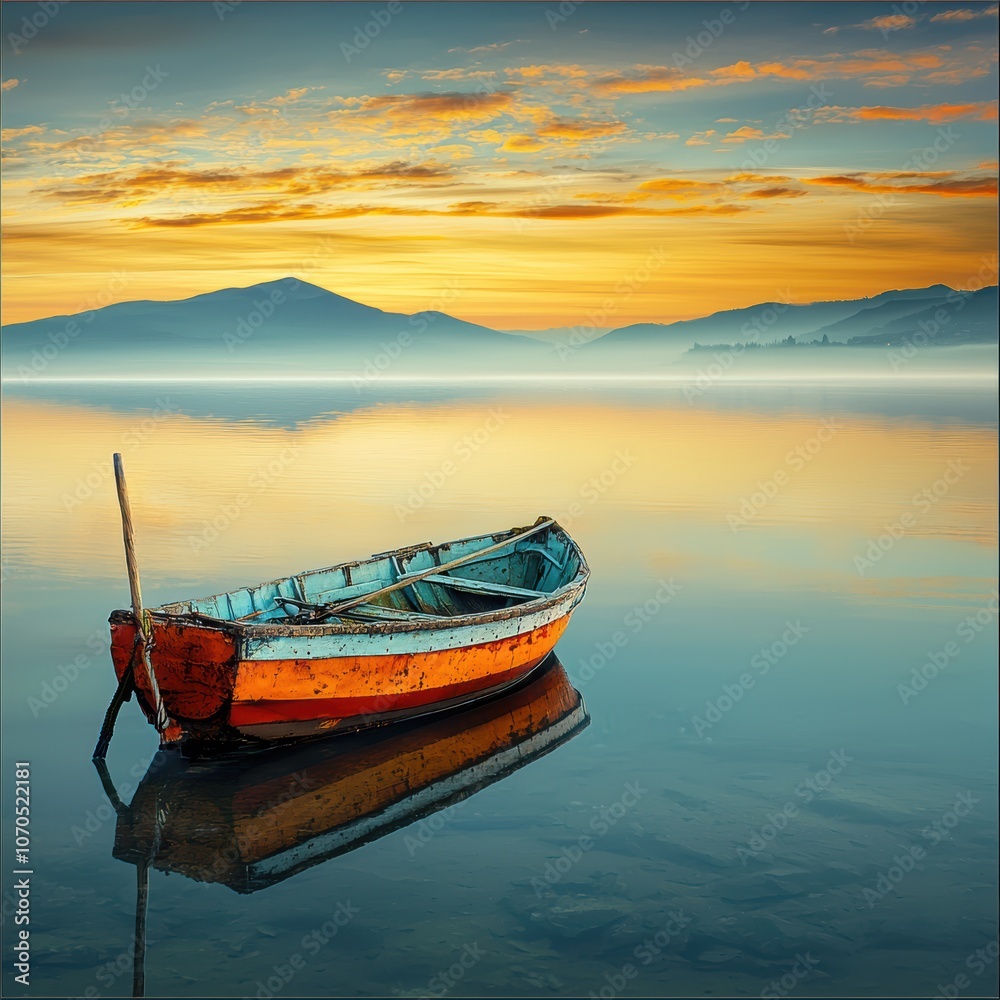 Poster an empty boat floats peacefully on a calm lake at dawn capturing the serenity of nature