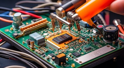 close up of man is fixing a computer board