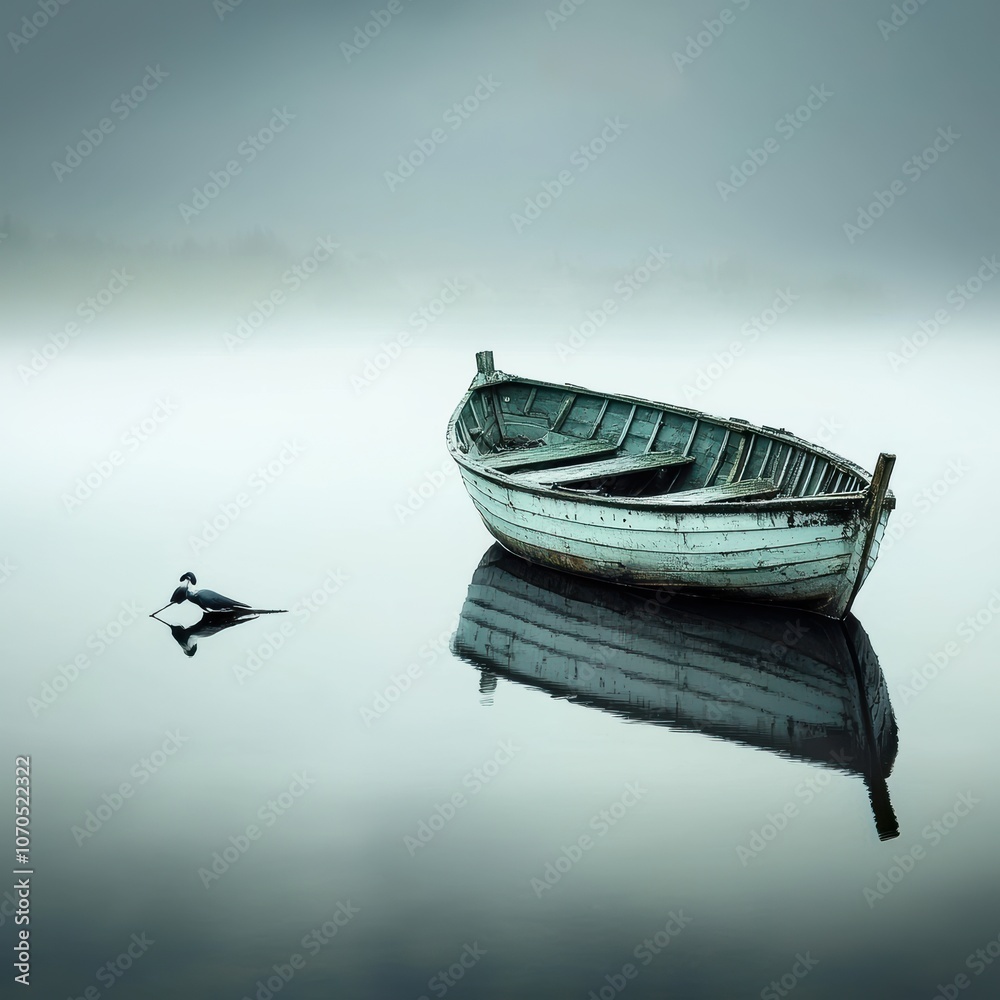 Poster an empty boat gently floats on a calm lake at dawn embracing the serenity of morning light