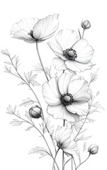 A delicate illustration of white poppy flowers with intricate details. Perfect for botanical designs and floral themes.