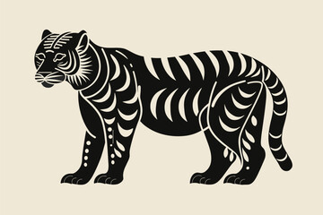 Silhouette of a tiger with stylized patterns set against a neutral background, emphasizing artistic design and bold contrast.