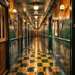 Fototapeta premium Explore the haunting beauty of an empty hallway in an old dimly lit building